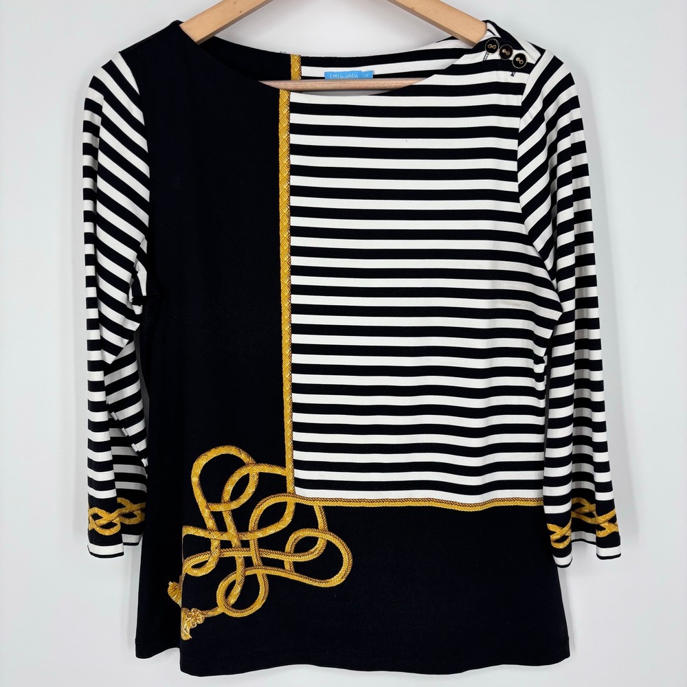 J.McLaughlin Nautical Rope Stripe Boatneck Shoulder Button Top Womens Medium M